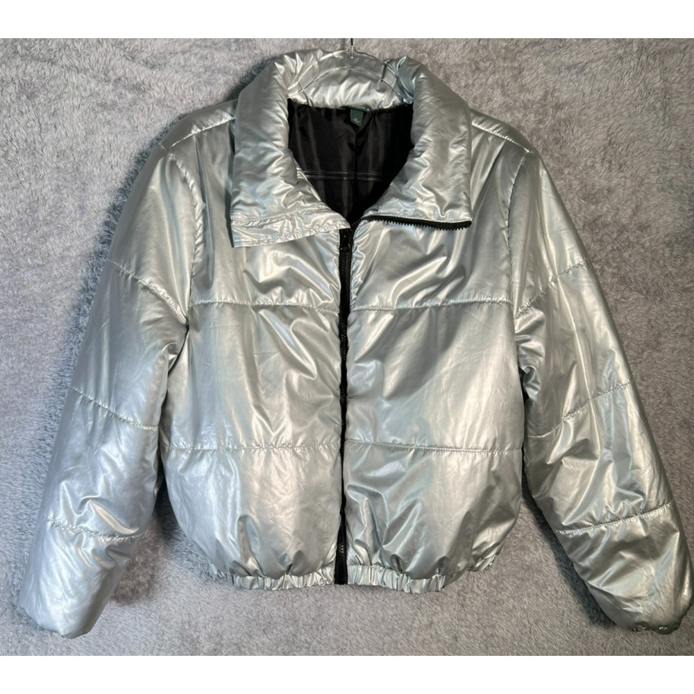 Wild Fable Metallic Silver Puffer Bomber Jacket Women's Medium Zip Up‎ Winter